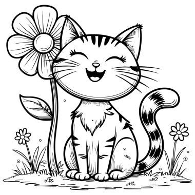 Şirin bir bahçe sahnesinde çiçeklerin yanında oturan neşeli çizgili kedi.
