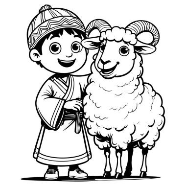 Kültürel kıyafetli çocuk Ram 'la mutlu poz veriyor.