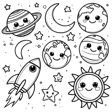 Güzel gülümseyen gezegenler, yıldızlar, aylar ve uzayda roket.