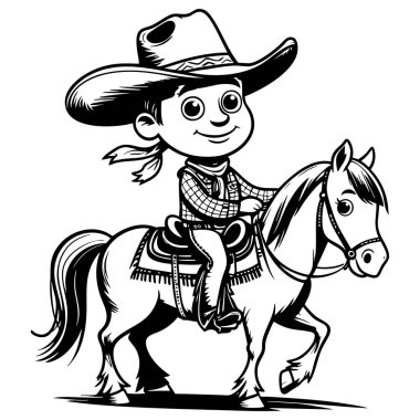 Gülümseyen kovboy geleneksel kovboy kıyafetiyle ata biniyor.