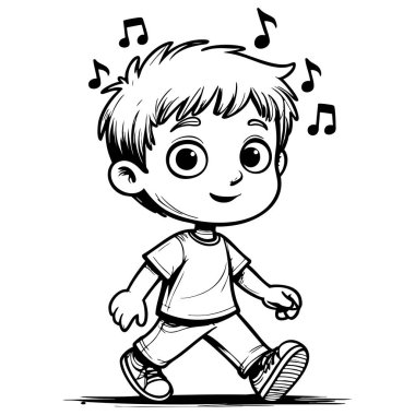 Neşeli küçük çocuk etrafında müzik çalarak mutlu bir şekilde yürüyor.