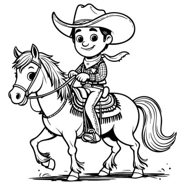 Mutlu kovboy çocuk huzurlu bir ifadeyle nazikçe ata biniyor.