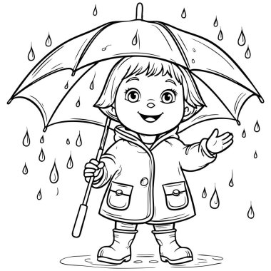 Yağmurlu havada şemsiye tutan sevimli kız yağmurluk ve çizme giyiyor.