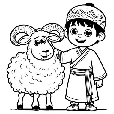 Etnik kıyafetli bir çocuk bir koçun yanında mutlu bir şekilde duruyor.