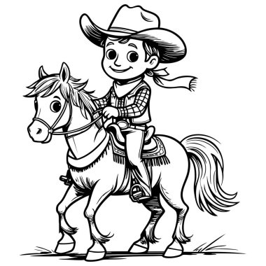 Kovboy gibi giyinmiş genç bir çocuk neşe ve güvenle sakin bir ata biniyor