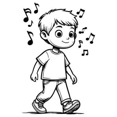 Küçük bir çocuk kafasında notalarla neşeli bir şekilde yürüyor.