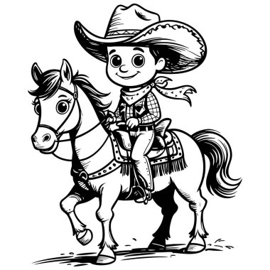 Genç bir kovboy, Batı tarzı renkli maceralar için ideal bir ata biniyor.