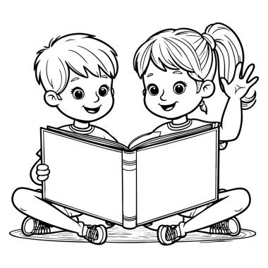 Mutlu çocuklar birlikte büyük bir kitap okuyor, anın tadını çıkarıyorlar.