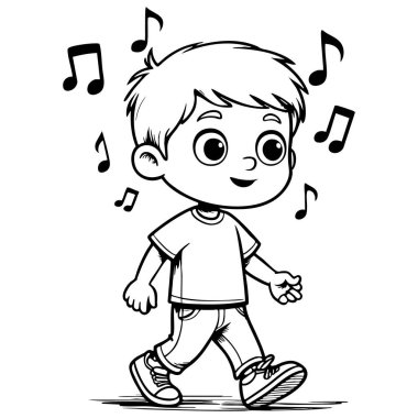 Gülümseyen bir çocuk etrafta müzik notalarıyla mutlu mesut yürüyor.