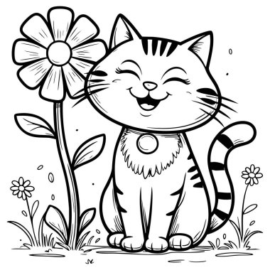 Huzurlu bir bahçede, büyük bir çiçeğin yanında neşeli bir kedi, boyama eğlencesi için mükemmel.