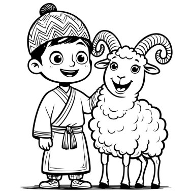 Bayram ya da çiftlik teması için harika giyinmiş, koç kostümlü gülümseyen bir çocuk.