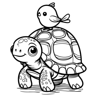 Kabuğunda kuş taşıyan sevimli bir kaplumbağa. Renkli eğlence için tasarlanmış.