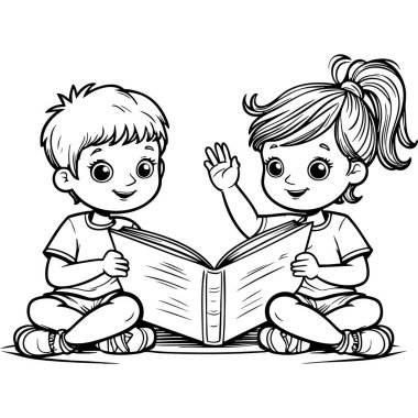 İki mutlu çocuk oturup büyük bir kitap okuyor. Boyama ve eğitim için harika.