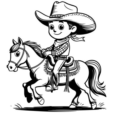 Gülümseyen küçük kovboy atına neşeyle biniyor. Renkli eğlence için ideal.