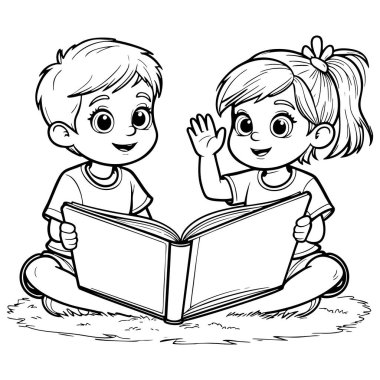 Gülümseyen oğlan ve kız çimlerin üzerinde kitap okuyor, eğitici renklendirme eğlencesi için mükemmel.