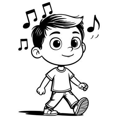 Neşeli çocuk yürür ve müzik dinler, çocuklar için eğlenceli ve yaratıcı boyama sayfası
