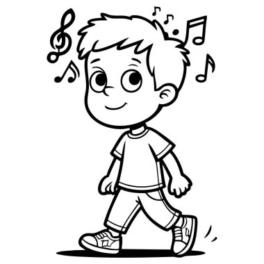 Müziğin keyfini çıkarırken etrafında notalar uçuşan mutlu küçük bir çocuk.