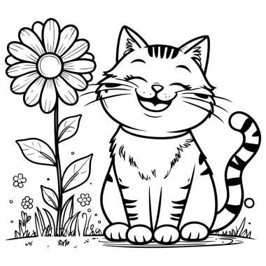 Büyüleyici bir bahçe sahnesinde, büyük bir çiçeğin yanında gülen kedi.