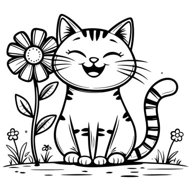 Bahçede büyük bir çiçeğin yanında oturan sevimli, gülümseyen kedi.