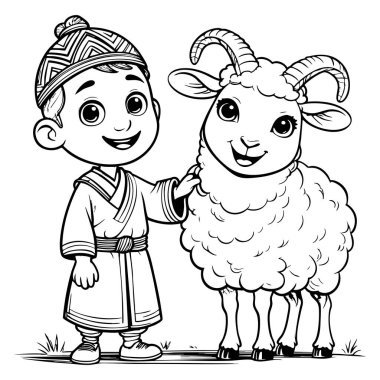 Etnik giyinmiş neşeli bir çocuk huzurlu bir tarlada mutlu bir koyun besliyor.