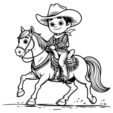 Kovboy gibi giyinmiş heyecanlı genç bir çocuk at üstünde dört nala koşuyor.