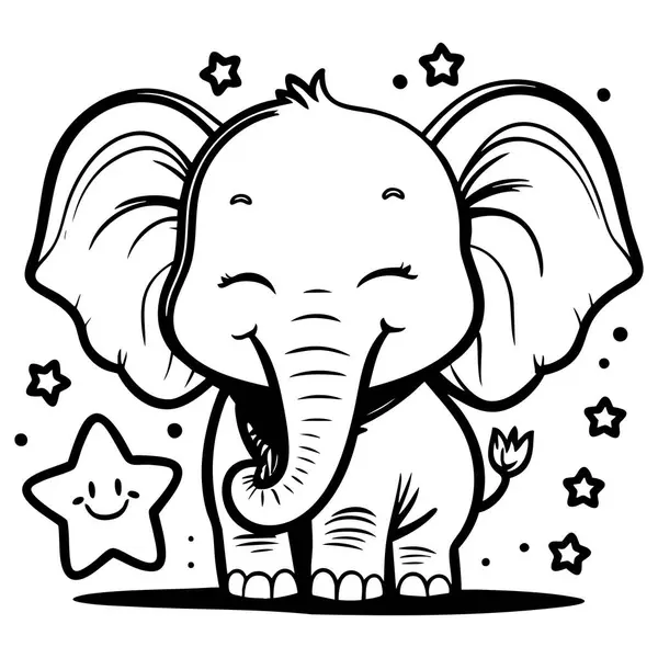 Mutlu çizgi film bebek fili yıldızların arasında neşeli bir bakışla oynuyor.