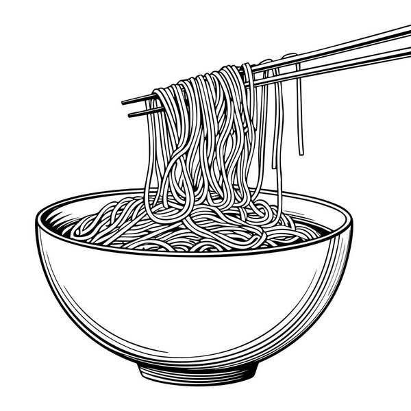Clean and detailed illustration of ramen noodles in a bowl with chopsticks