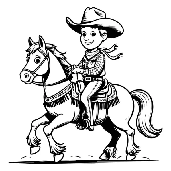 Batıda ata binen neşeli küçük bir kovboy. Boyama eğlencesi için mükemmel.