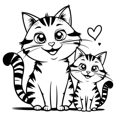 İki sevimli çizgili kedi yan yana oturmuş, mutlu bir şekilde gülümsüyor.