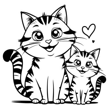 Büyük bir kedi ve kedi yavrusu mutlu bir şekilde gülümsüyor, çocukların boyama sayfaları için mükemmel.