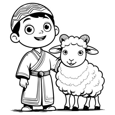 Dost canlısı koyunlarıyla gülümseyen İslami kıyafetli bir çocuk, bayram temalı sayfaları için ideal.