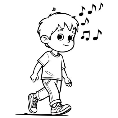 Müzik notalarıyla ıslık çalarak yürüyen gülümseyen bir çocuk.