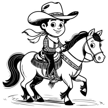 Klasik kovboy kıyafeti giymiş, atına binen mutlu bir kovboy.