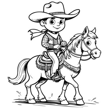 Kovboy kıyafetli küçük bir çocuk dizginleri ve eyerleriyle mutlu bir şekilde ata biniyor.