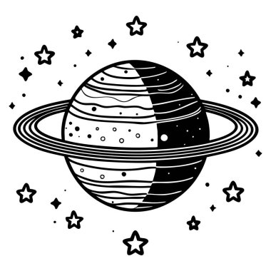 Kozmik ortamda yıldızlarla çevrili halkalı bir gezegen.