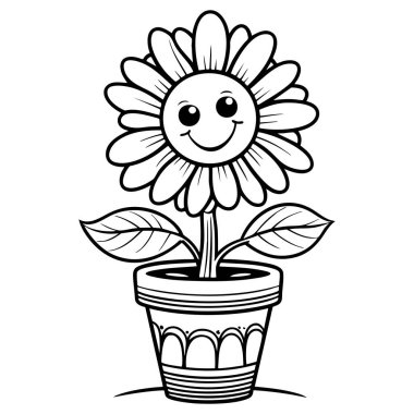 Şirin bir tencerede gülümseyen yüzü olan neşeli bir çiçek.
