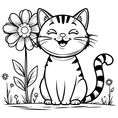 Bahçedeki çiçeğin yanında gülümseyen sevimli çizgi film kedisi.