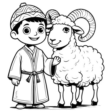 Geleneksel giyinmiş bir çocuk gülümseyen bir koyunun yanında durur. Kurban bayramı ya da çiftlik teması için mükemmeldir.