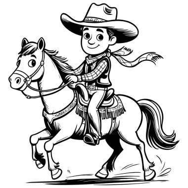 Dört nala koşan bir ata binen enerjik kovboy çocuk boyama eğlencesi için vahşi batı cazibesine sahip.