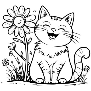 Huzurlu bir bahçede gülümseyen bir çiçeğin yanında oturan neşeli bir kedi. Çocuk boyama eğlencesi için ideal.