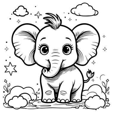 Kocaman gözleri, bulutları ve yıldızları olan süper sevimli bir bebek fil. Hayvan boyama eğlencesi için mükemmel.