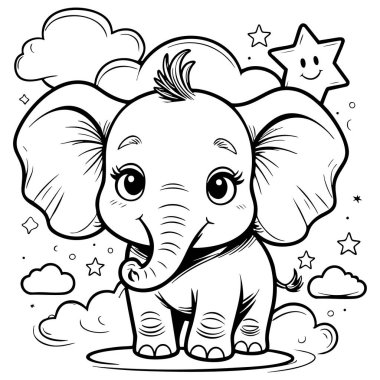 Yıldızlar ve bulutlarla çevrili, büyük gözlü şirin çizgi film bebek fili.