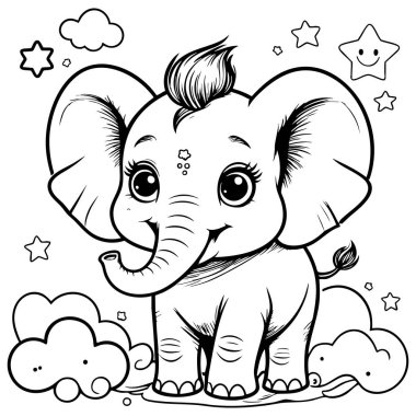 Yıldızların ve kabarık bulutların arasında gülümseyen sevimli bebek fil.