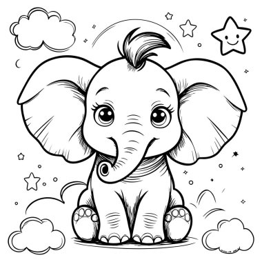 Neşeli bebek fil gülümseyen yıldızlarla ve rüya gibi bulutlarla oturuyor.
