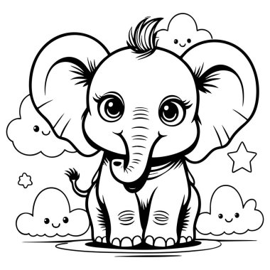Yıldızlarla ve neşeli bulutlarla çevrili şirin ayakta duran bir fil.