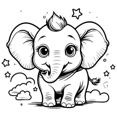 Gülümseyen bir bebek fil bulutlarda duruyor yıldızlarla ve mutlu gökyüzüyle