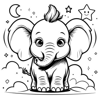 Gece gökyüzünün altında yıldızlarla ve bulutlarla tatlı bir bebek fil duruyor.