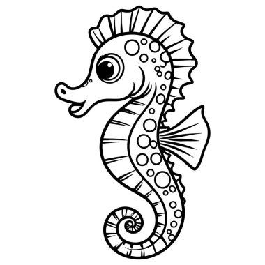 Siyah beyaz, büyük gözlü ve kıvrık kuyruklu şirin deniz atı çizimi.