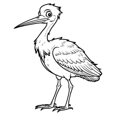 Uzun bacaklı, sivri gagalı, sakince ayakta duran ve sola bakan büyük bir kuşun çizgi çizgi çizgi filmi.