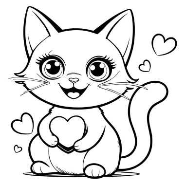 Sevimli çizgi film kedisi elinde kalplerle gezen bir kalp tutuyor. Boyama kitapları, Sevgililer Günü ve çocuk aktiviteleri için mükemmel.